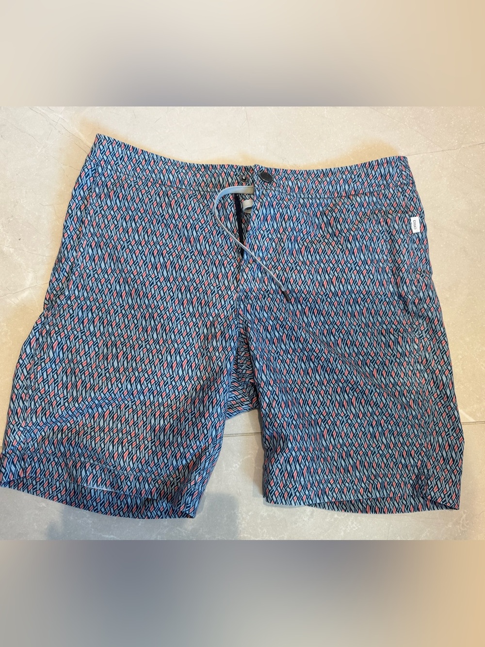 Onia Men's Geometric Swim Trunks in Navy, Coral & White